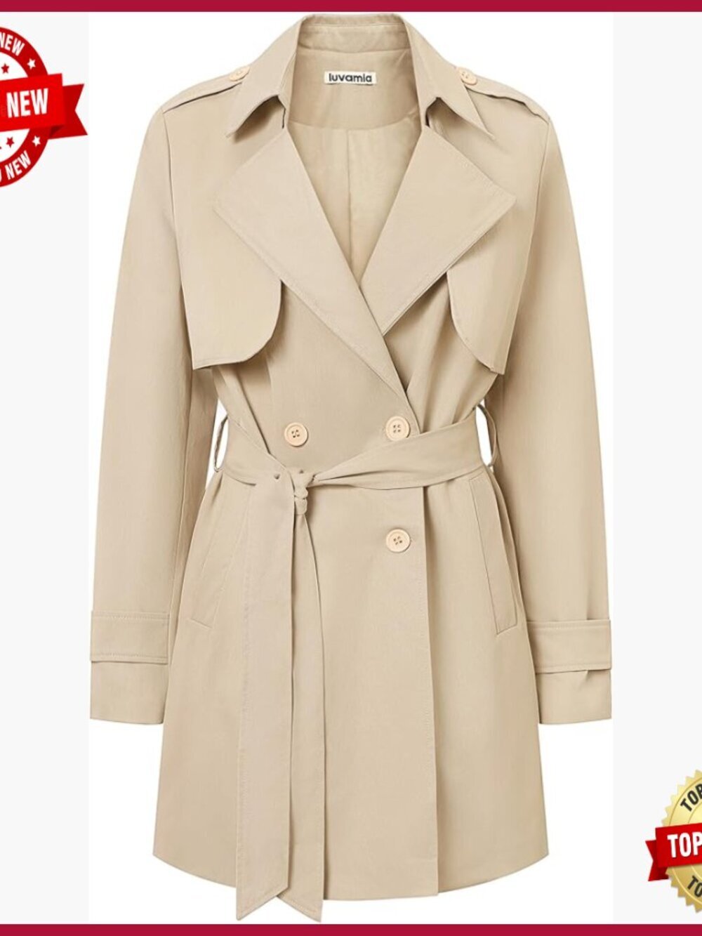 Women's Mid-Length Trench Coat Double Breasted Belted Business Casual Outerwear